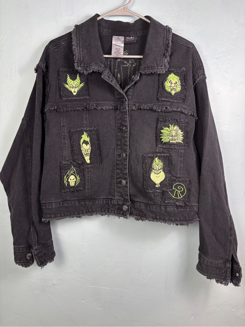 Her Universe Disney Black & Neon Green Distressed Villains Jean Jacket